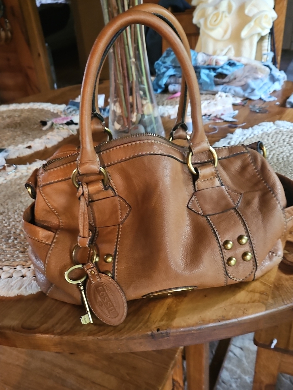 Fossil Cognac Leather Satchel with Brass Accents